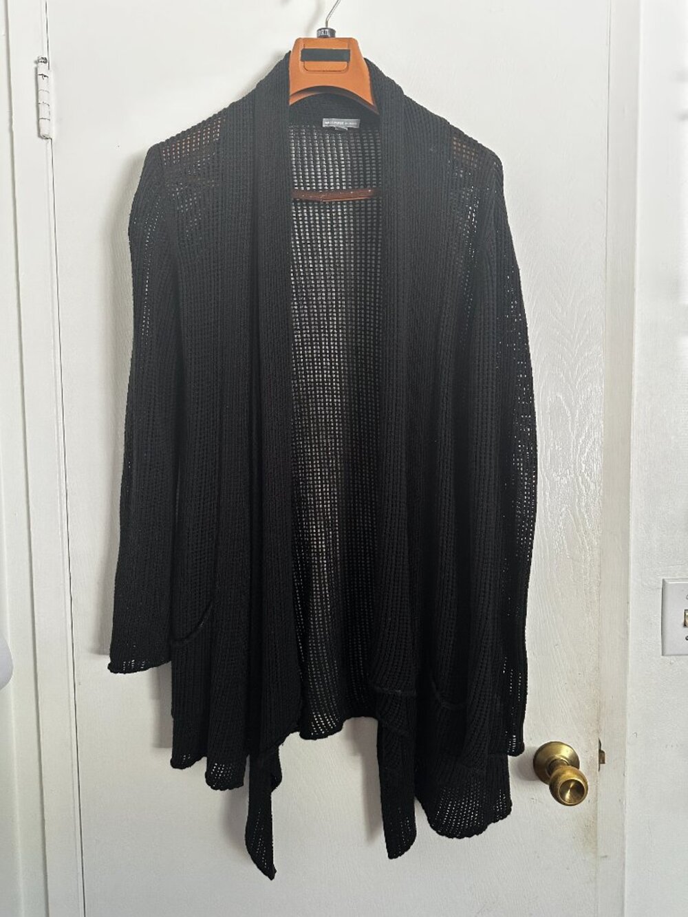 James Perse Black Cotten Linen Open Knit Draped Cardigan
